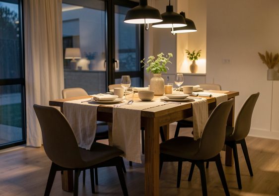 Espace repas chaleureux dans une maison moderne, avec une table en bois, des chaises design et une lumière douce.