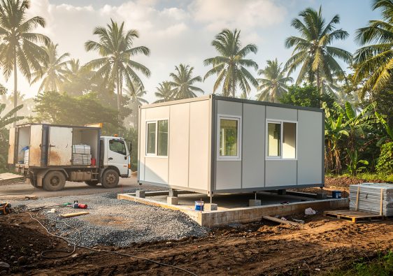 Installation d’un bureau modulaire sur un terrain en cours d’aménagement, avec un camion et un environnement tropical luxuriant.