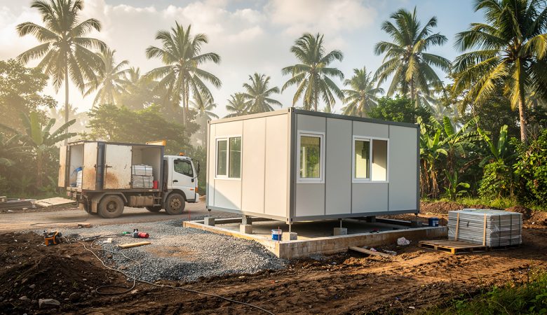 Installation d’un bureau modulaire sur un terrain en cours d’aménagement, avec un camion et un environnement tropical luxuriant.