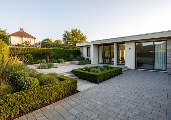 Vue élégante d’un terrain résidentiel aménagé avec terrasse moderne, allées pavées, jardin paysager et espace annexe contemporain.