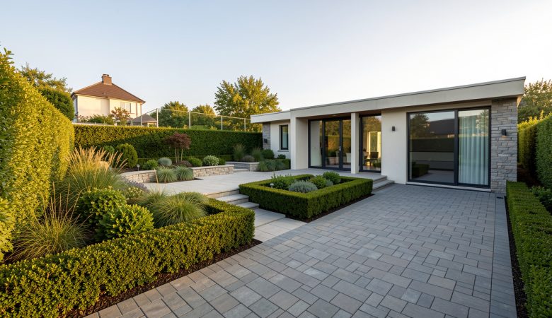 Vue élégante d’un terrain résidentiel aménagé avec terrasse moderne, allées pavées, jardin paysager et espace annexe contemporain.
