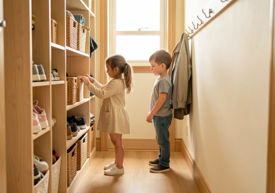 Une fille et un garçon rangent chaussures et vestes dans une entrée étroite afin de libérer un passage accueillant.
