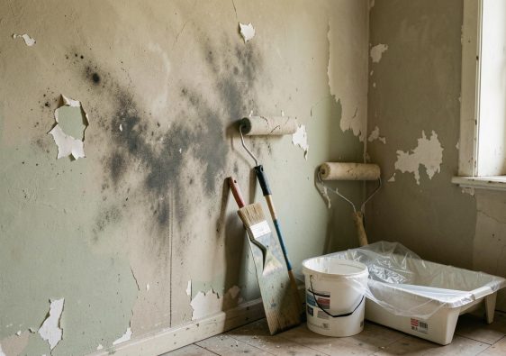 Mur humide et défraîchi dans une maison ancienne, avec des outils de peinture posés au sol et des traces de dégradation visibles.