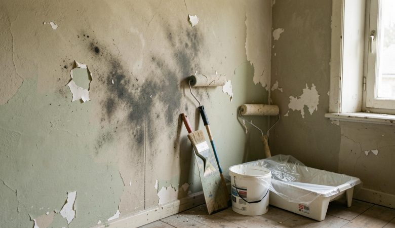 Mur humide et défraîchi dans une maison ancienne, avec des outils de peinture posés au sol et des traces de dégradation visibles.