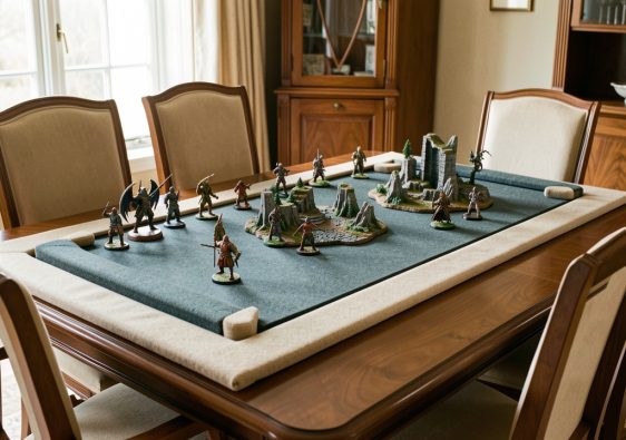 Table de jeu de figurines installée dans une salle à manger avec un tapis protecteur et un plateau amovible préservant la table.