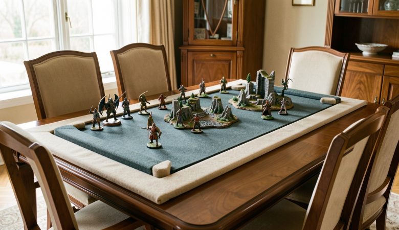 Table de jeu de figurines installée dans une salle à manger avec un tapis protecteur et un plateau amovible préservant la table.