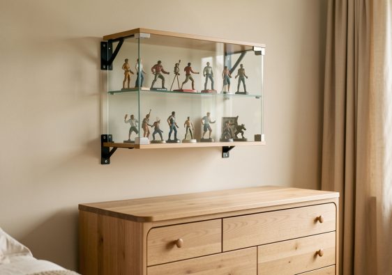 Vitrine murale sécurisée contenant des figurines, solidement fixée au mur dans une chambre soigneusement aménagée.