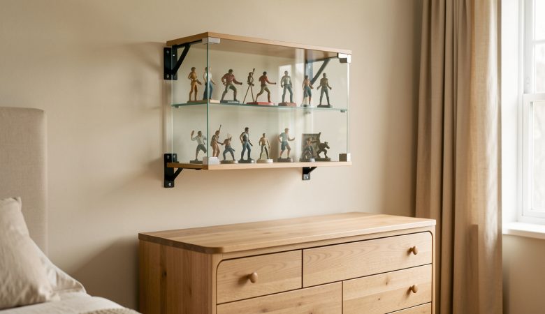 Vitrine murale sécurisée contenant des figurines, solidement fixée au mur dans une chambre soigneusement aménagée.