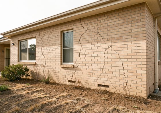 Façade d’une maison individuelle en brique présentant de fines fissures, avec un jardin sec après une période de sécheresse, photographiée en lumière naturelle.