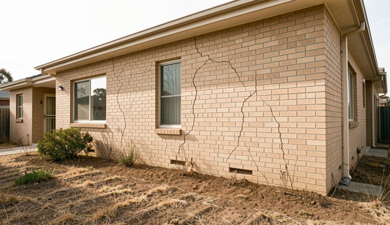 Façade d’une maison individuelle en brique présentant de fines fissures, avec un jardin sec après une période de sécheresse, photographiée en lumière naturelle.