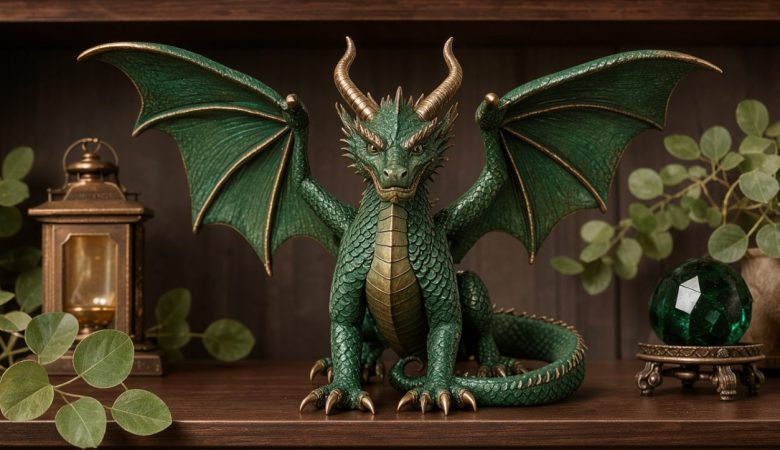 Figurine de dragon finement détaillée exposée sur une étagère en bois sombre, dans une ambiance élégante de collection.